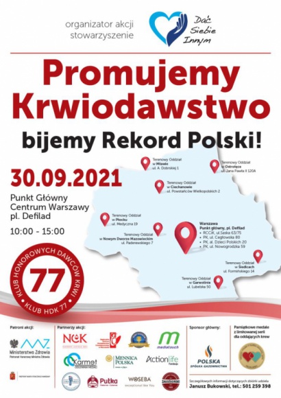 Promuję Krwiodawstwo – biję Rekord Polski! Zdrowie, LIFESTYLE - 30 września 2021 roku odbędzie się Rekord Polski w kategorii Najwięcej krwi oddanej w ciągu 24 godzin (wiele lokalizacji). W 12 miejscach w województwie mazowieckim będzie można oddać krew, jednocześnie dołączając do wydarzenia bicia Rekordu Polski.